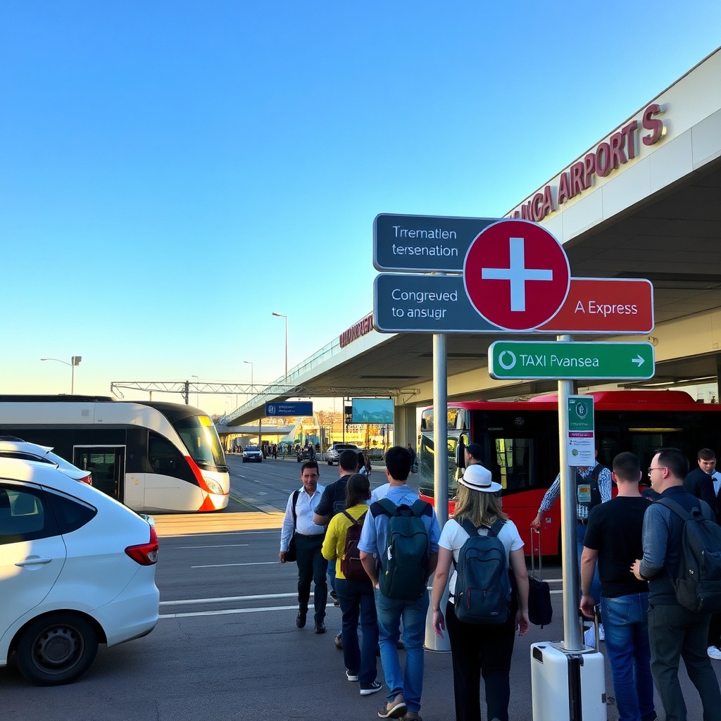 Transport options outside Malaga airport arrivals, including train, bus, taxi, and private transfer services for travelers
