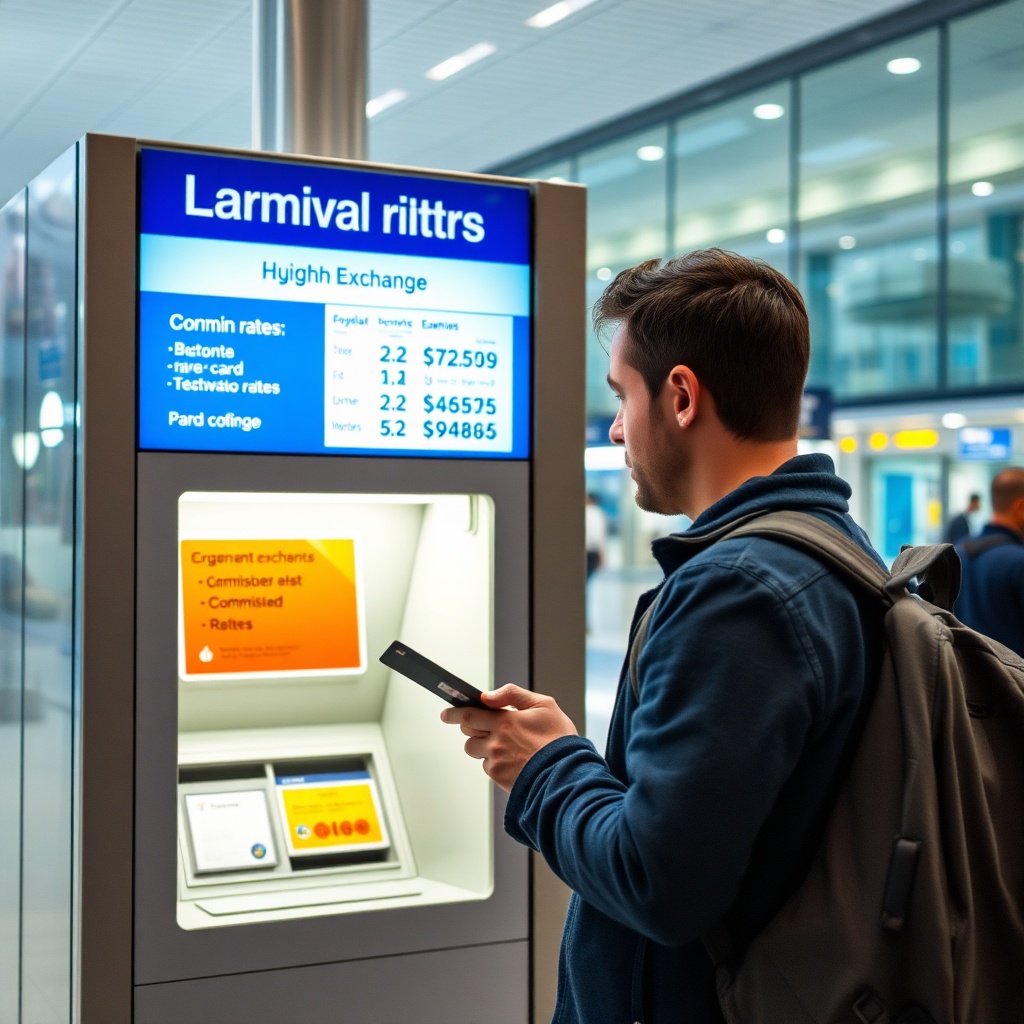 Currency exchange kiosk at Malaga airport with hidden fees and commissions, part of the Malaga airport hidden costs travelers should avoid.