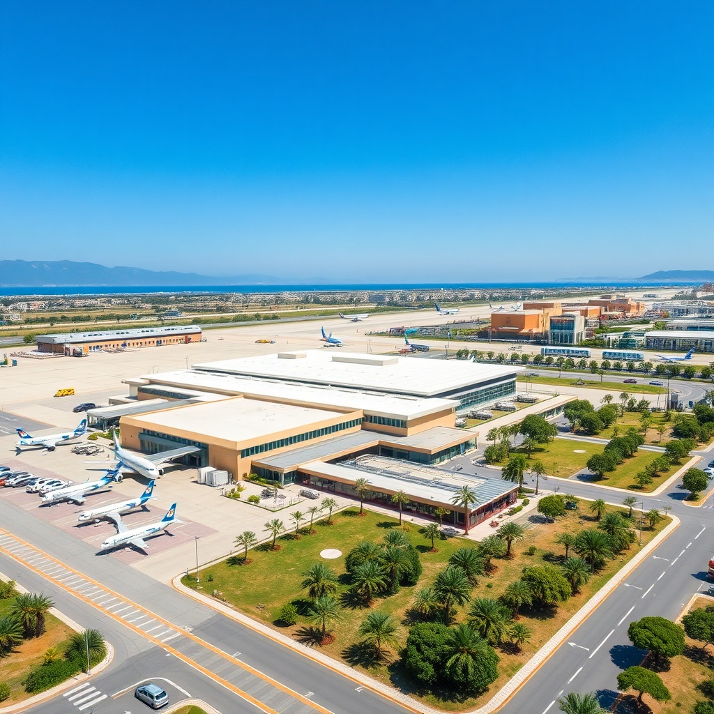 Aerial view of Malaga Airport's compact single-terminal design connected directly to transport options, highlighting how the airport is easy to navigate without multi-terminal transfers.