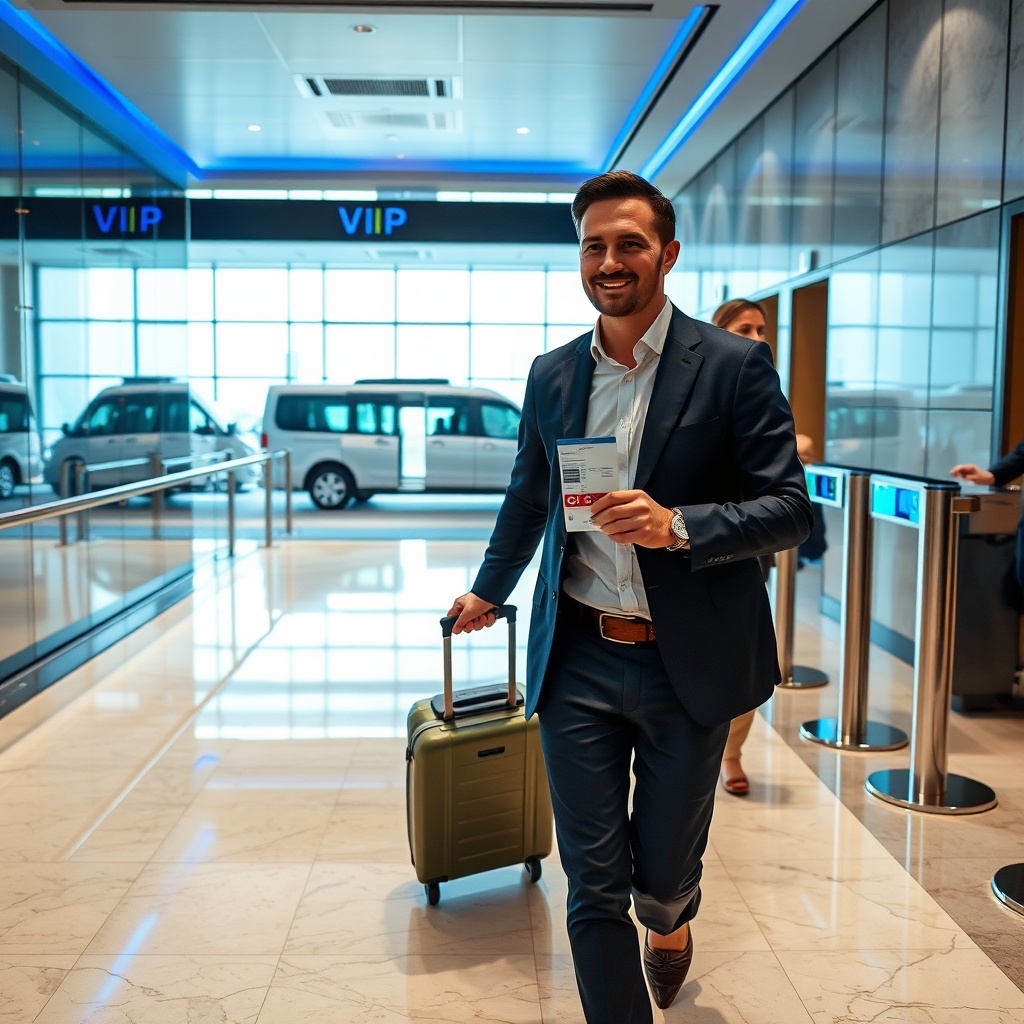 Traveler entering a dedicated VIP terminal at Malaga Airport with a lounge access card, enjoying a streamlined security process and premium transfer service, highlighting exclusive airport lounge benefits.
