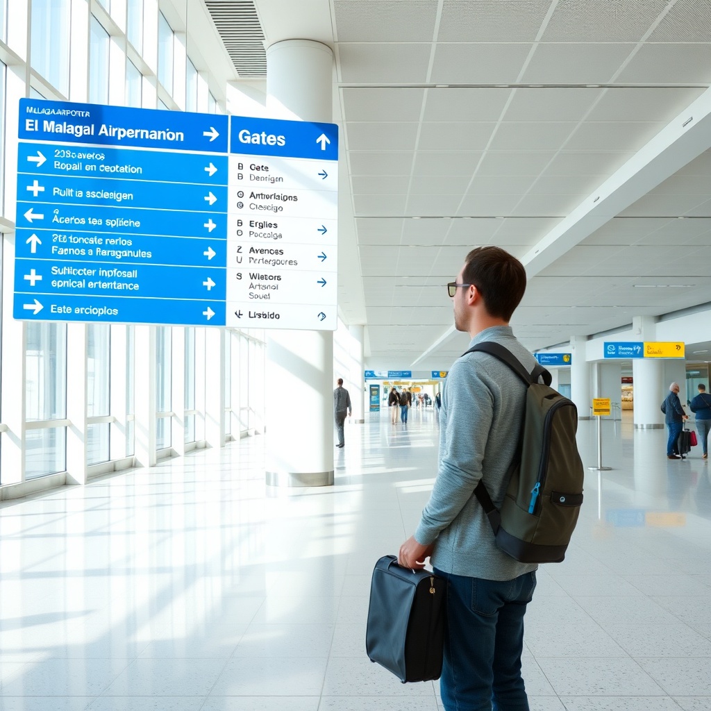 Traveler reading bilingual color-coded signage inside Malaga Airport's single-terminal layout, making it easy to navigate with short walking distances and clear directions.