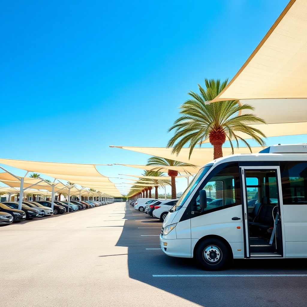 Outdoor long-term Malaga airport parking lot featuring sun-canopied car spaces and a shuttle bus waiting to transport passengers to the AGP terminal.