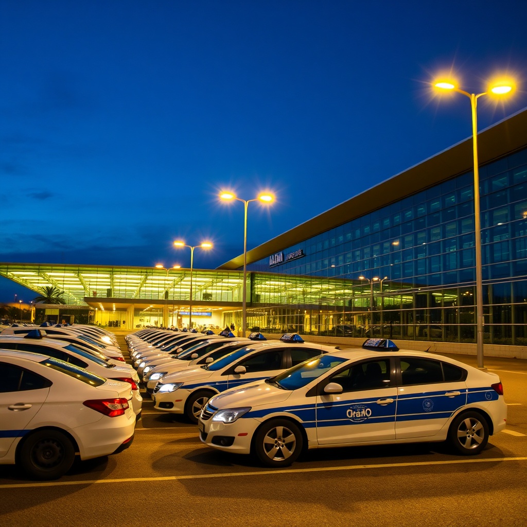 Late night taxi rank and transport hub outside Malaga Costa del Sol Airport terminal providing travel options after train operating hours end.