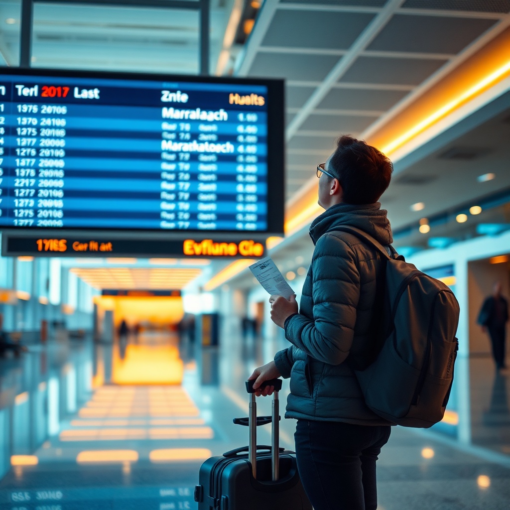 Traveler checking flights at a Malaga vs Marrakech Airport departure board, weighing options for a southern Spain or Morocco trip
