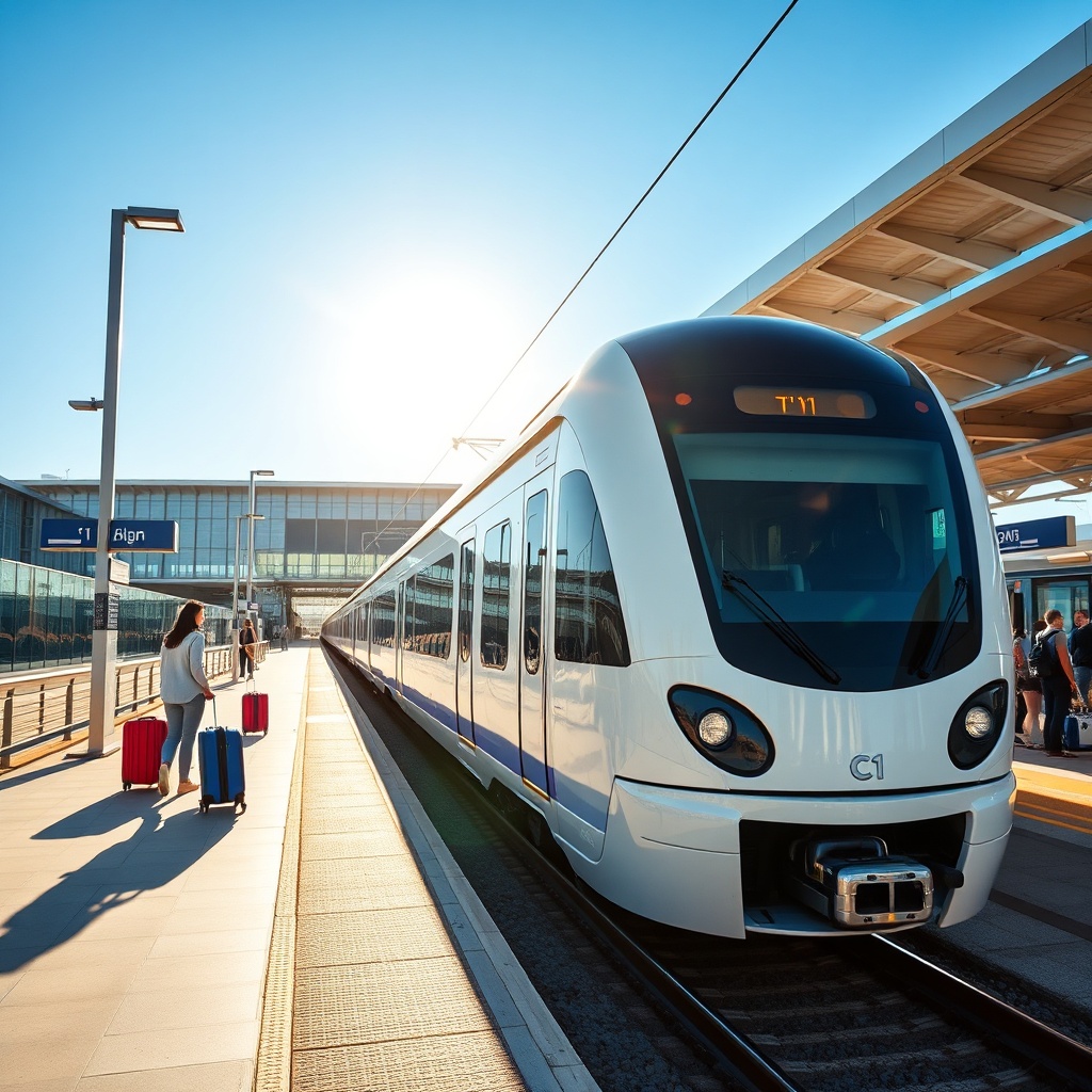 Modern C1 commuter train at Malaga airport to city center platform with travelers waiting with luggage under sunny skies
