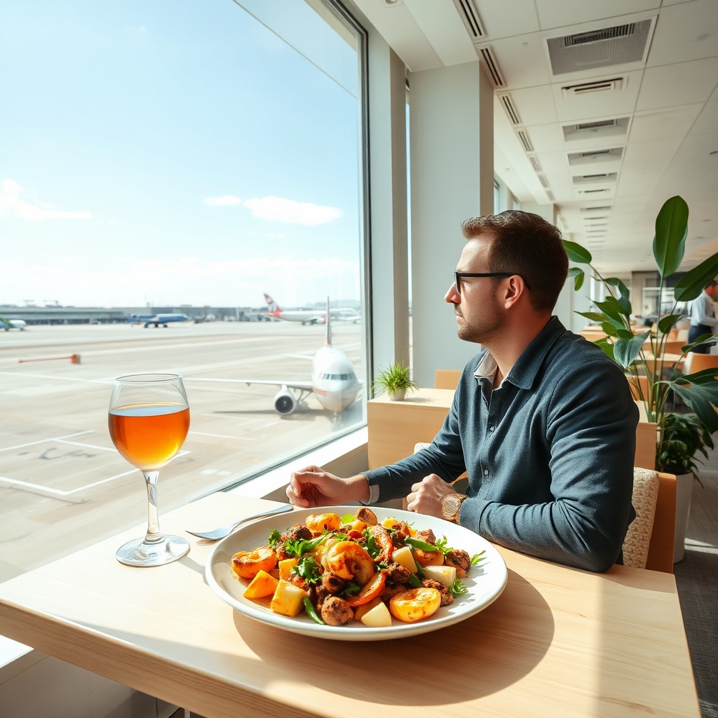 Savoring a fresh seafood paella with a runway view at one of the best restaurants Malaga Airport, a Mediterranean dining experience.