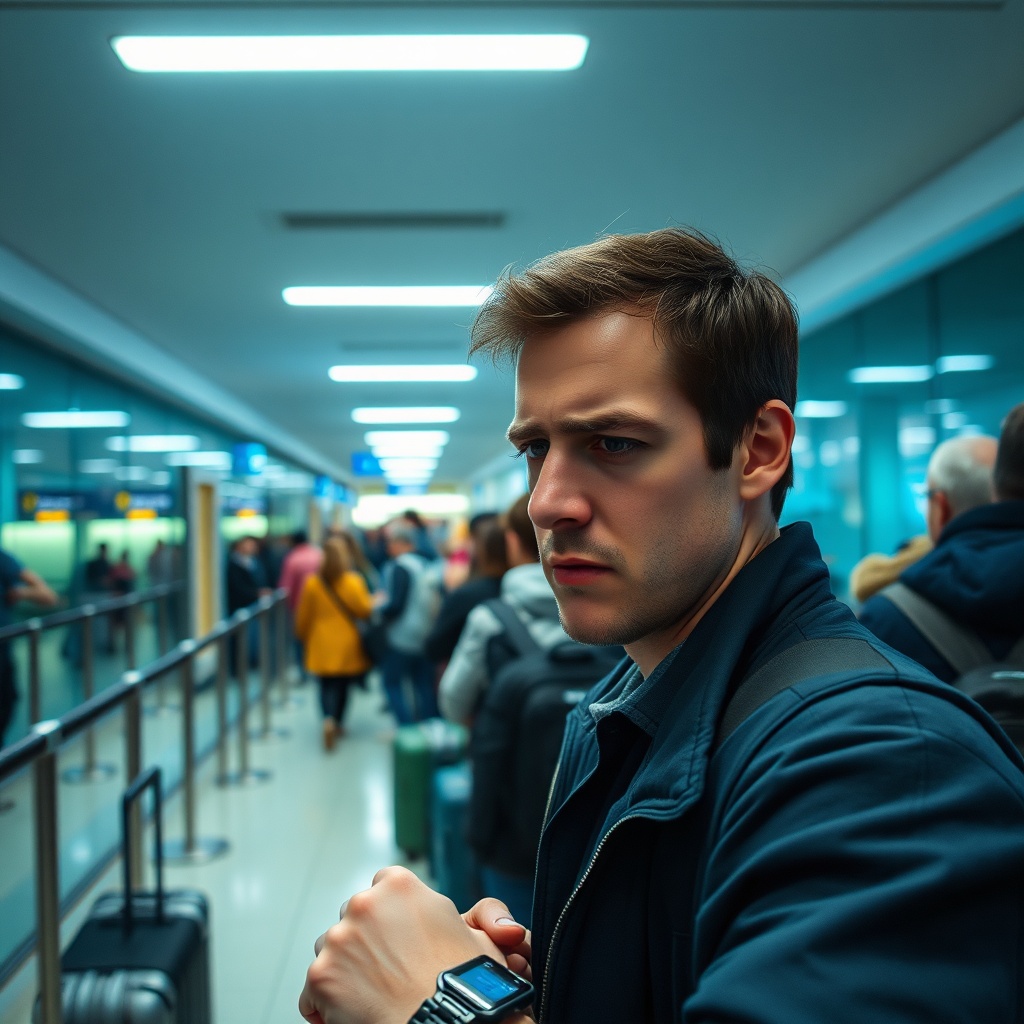 A traveler waiting in a queue at passport control during a layover, illustrating the main bottleneck for connecting flights at AGP and the importance of budgeting extra time for border checks.
