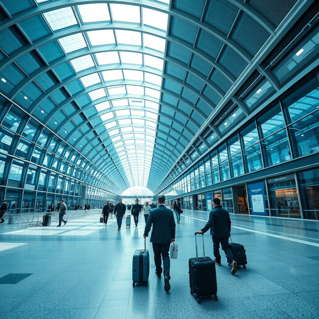 Expansive interior of Madrid Airport Terminal 4 with business travelers, showcasing the global hub side of the Malaga Airport vs Madrid Airport debate.