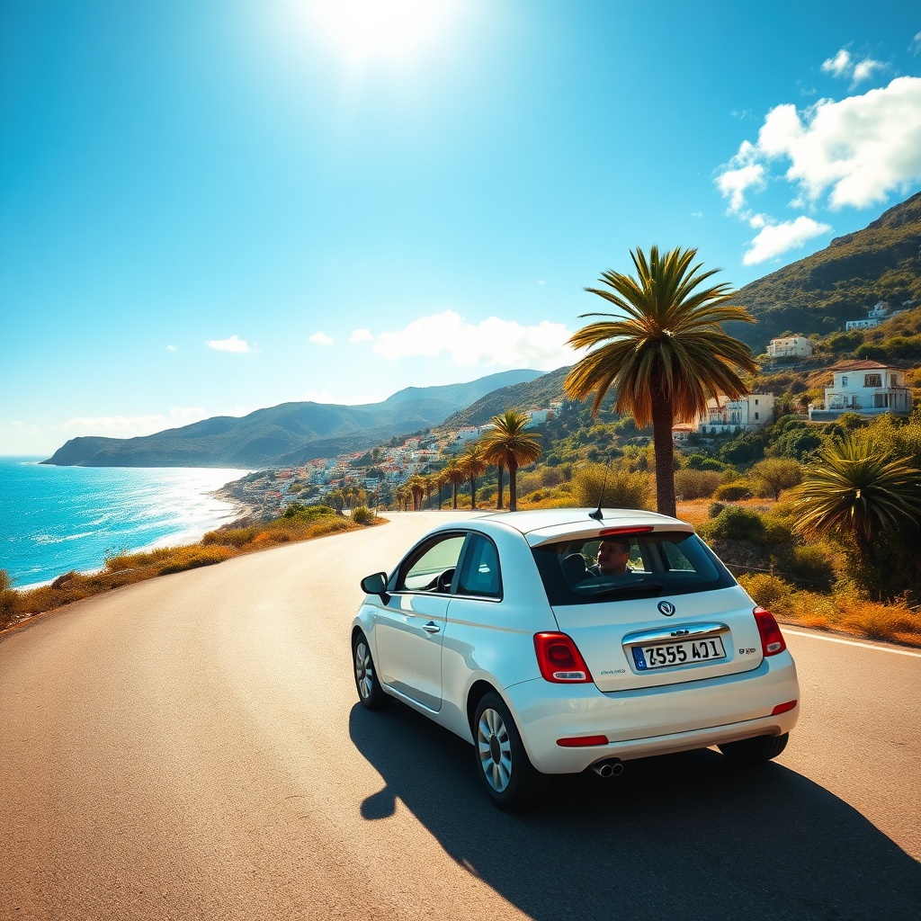 Rental car from car hire Malaga airport driving along the sunny Costa del Sol coast with Mediterranean views