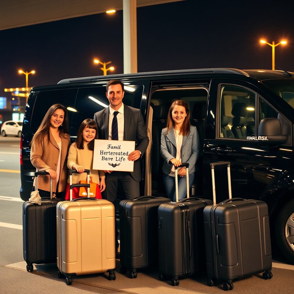 Family with large luggage being greeted by a driver for a private transfer at Malaga Airport, showcasing the stress-free and reliable option in the Malaga Airport public transport vs private transfers decision