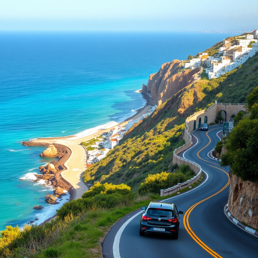 Scenic road route from Malaga Airport to Nerja along the Costa del Sol with Mediterranean coastal views and cliffs near Nerja